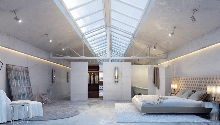 industrial-design-moebel-schlafzimmer-weiss-beton-dachfenster-kopfteil-gepolstert-offene-planung