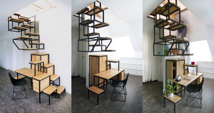 innentreppen aus Holz -modern-stahl-stufen-industrial-design-funktional-praktisch-regale-stauraum