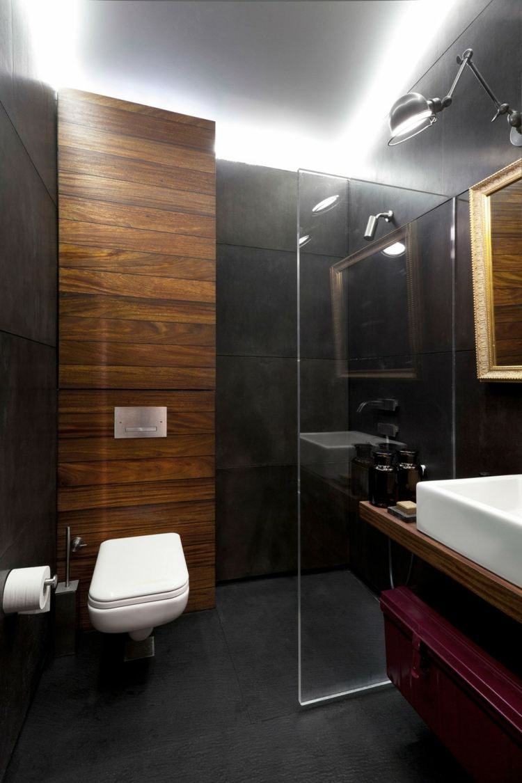 loft beton klinker badezimmer modern dunkel holz akzente wandverkleidung