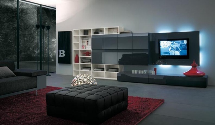 modern-wohnwand-led-schwarz-wohnzimmer-dunkel-eckccouch-deko-rot-hochglanz