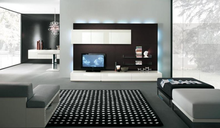 modern-wohnwand-led-weiss-hochglanz-wandfarbe-dunkel-kontrast-wohnzimmer
