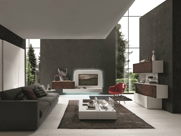 Wohnwand mit LED Beleuchtung -wohnzimmer-eames-chair-rot-couch-polster-dunkelgrau-293-presotto-cortenstahl