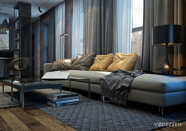 Moderne Einrichtung in Grau wohnzimmer-sofa-dunkler-parkettboden