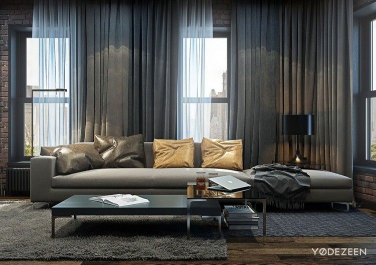 Moderne Einrichtung in Grau wohnzimmer-sofa-holzboden-ziegelwande