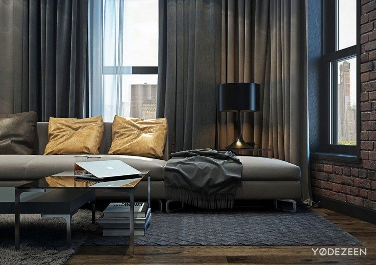 moderne-einrichtung-grau-wohnzimmer-sofa-vorhange-ziegelwand