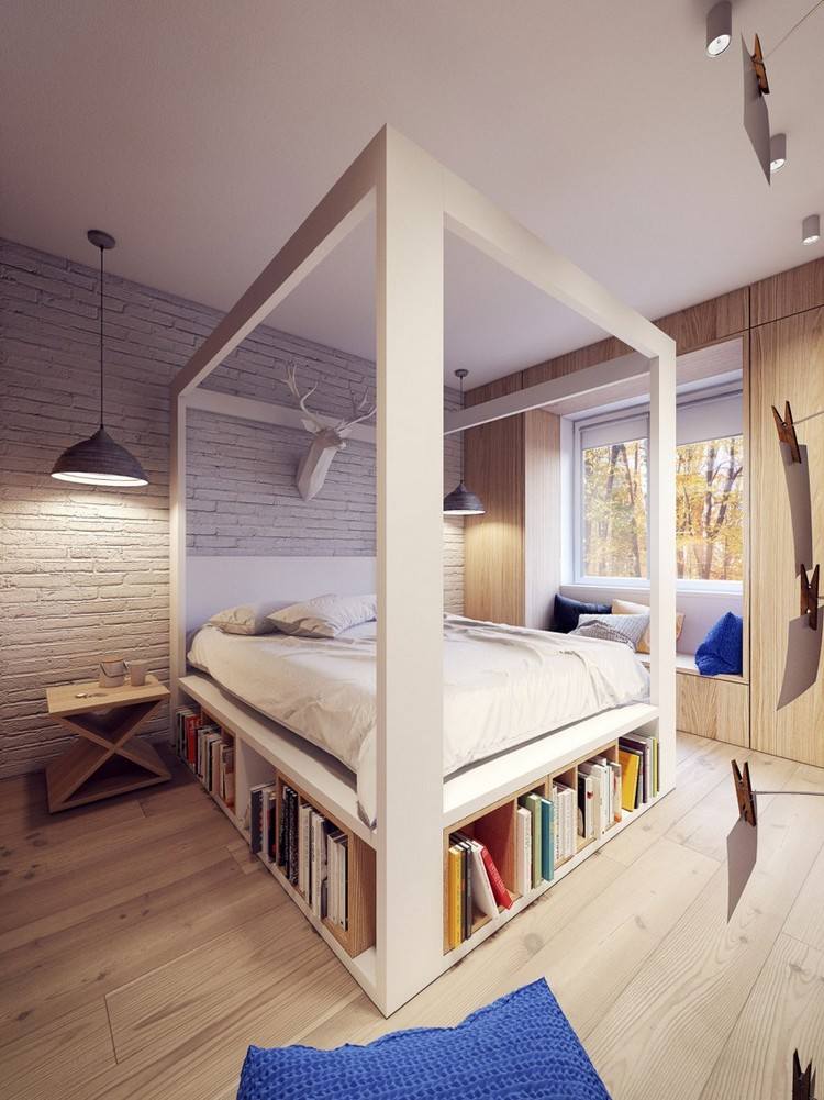 moderne-einrichtungsideen-schlafzimmer-bett-buecherregale-holzboden-einbauschrank
