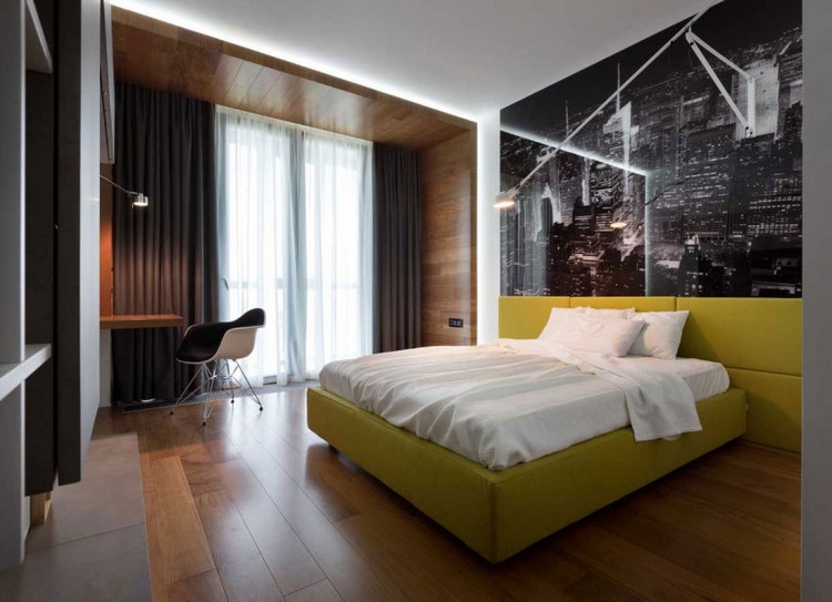 moderne-einrichtungsideen-schlafzimmer-gelbes-polsterbett-fototwand-stadtleben-indirekte-led-beleuchtung