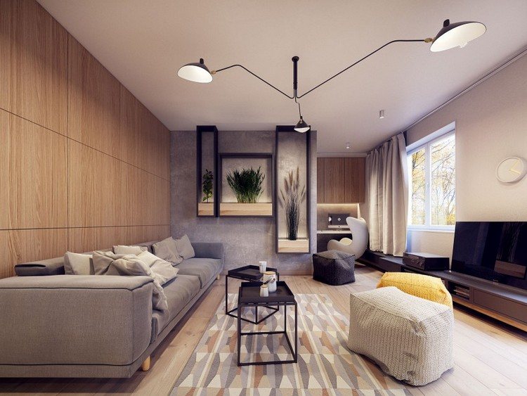 moderne Einrichtungsideen wohnzimmer-grau-holz-deko-zimmerpflanzen-regale