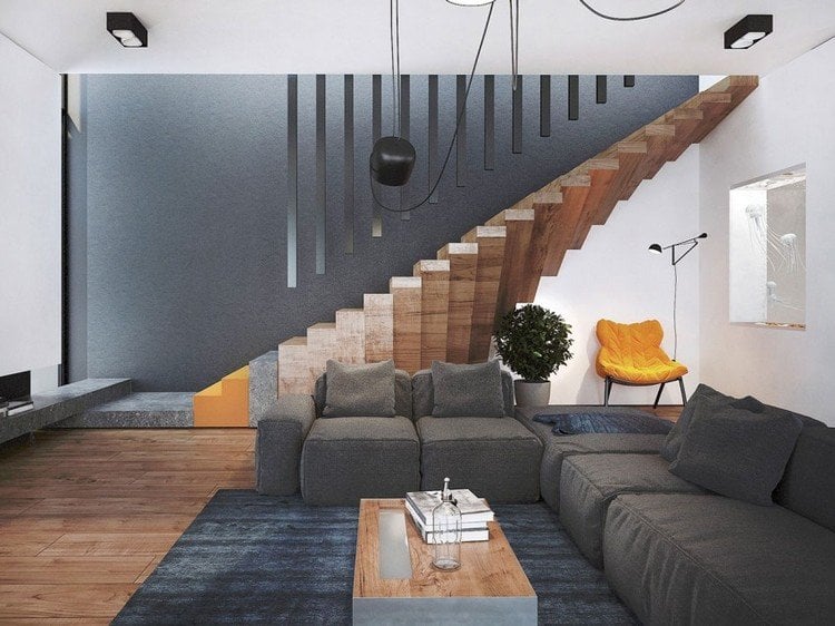 moderne Einrichtungsideen wohnzimmer-grau-treppen-design-holz