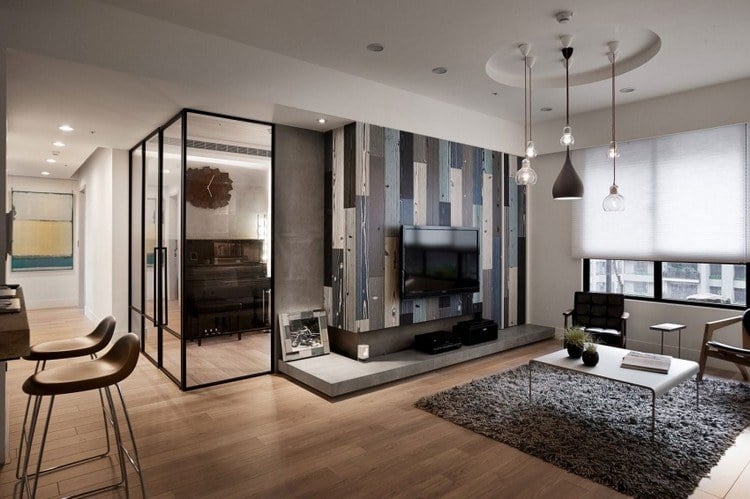 moderne Einrichtungsideen wohnzimmer-wandpaneele-holzoptik-blau-grautoene