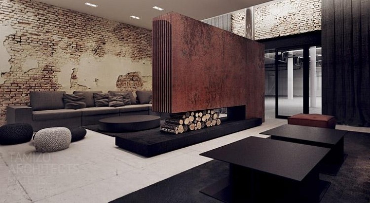 moderne Innenarchitektur -minimalistisch-cortenstahl-backsteinwand-poufs-showroom-kler-tamizo