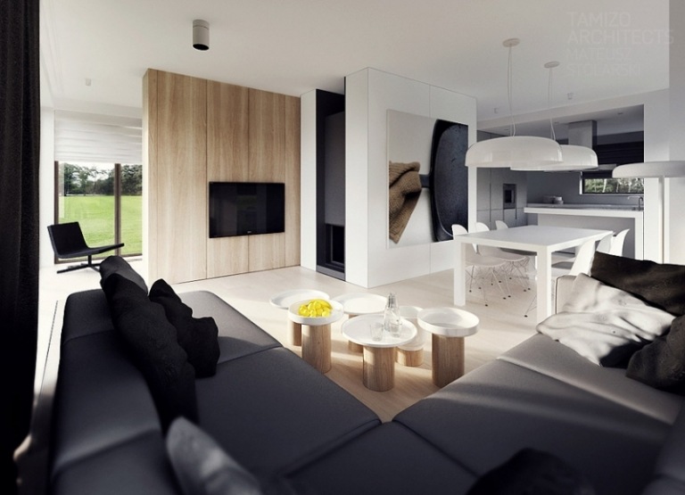 moderne Innenarchitektur -minimalistisch-eckccouch-tvwand-offene-kueche-warschau-tamizo