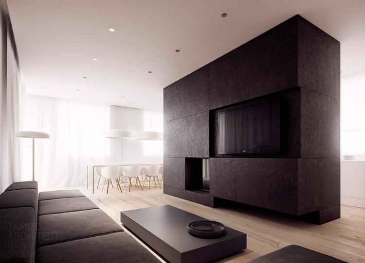 moderne-innenarchitektur-minimalistisch-einfamilienhaus-parkettboden-raumteiler-fernseher-esstisch-licht-lodz-tamizo