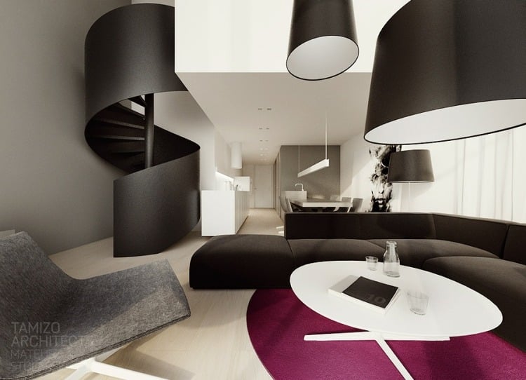moderne-innenarchitektur-minimalistisch-schwarz-weiss-spiraltreppe-warschau-tamizo