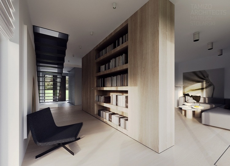 moderne-innenarchitektur-minimalistisch-treppe-bibliothekenwand-offene-planung-warschau-tamizo