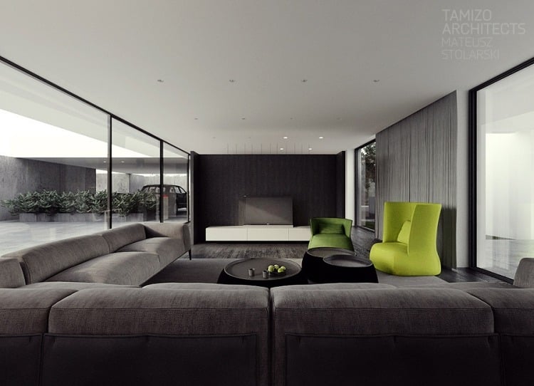 moderne Innenarchitektur -minimalistisch-wohnzimmer-fensterwaende-glaswaende-garage-couch-cz-haus-pabianice-tamizo