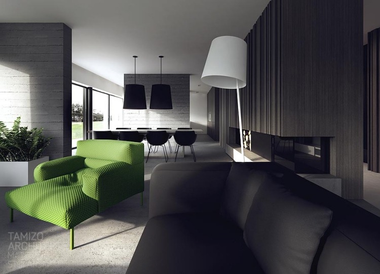 moderne-innenarchitektur-minimalistisch-wohnzimmer-polstersessel-gruencouch-dunkelgrau-pendeleluchten-esstisch-torun-tamizo