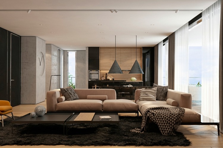 stilvolle luxurioese interieure apartment wohnbereich teppich pendelleuchten