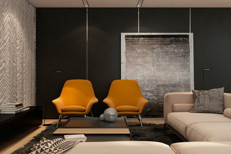 stilvolle luxurioese interieure gelbe stuehle akzent grau wanddesign