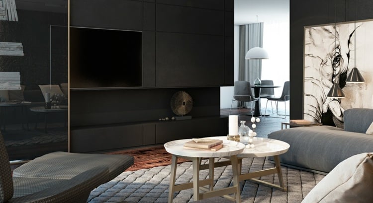 stilvolle und luxuriöse interieure wohnwand design schwarz teppich karomuster