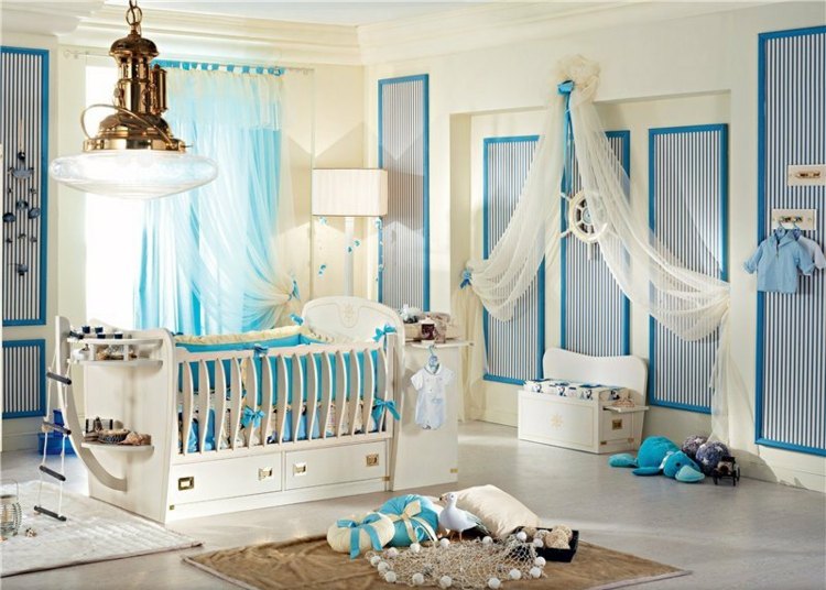 wandgestaltung babyzimmer blau weiss paneele bilderrahmen maritim