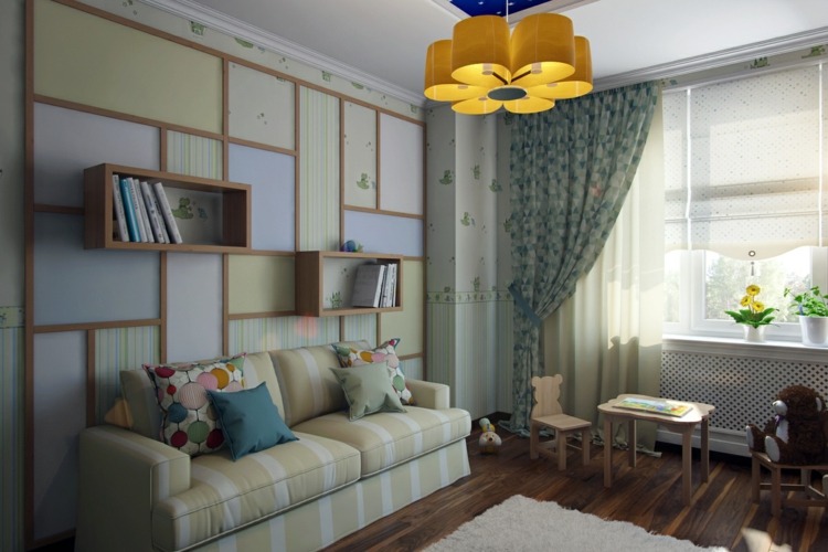 wandgestaltung babyzimmer diy paneele holzleisten tapete dekoration sofa