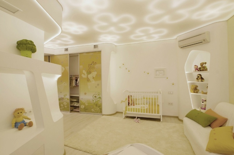wandgestaltung babyzimmer eingebautes regal beleichtung weiss gruen interieur