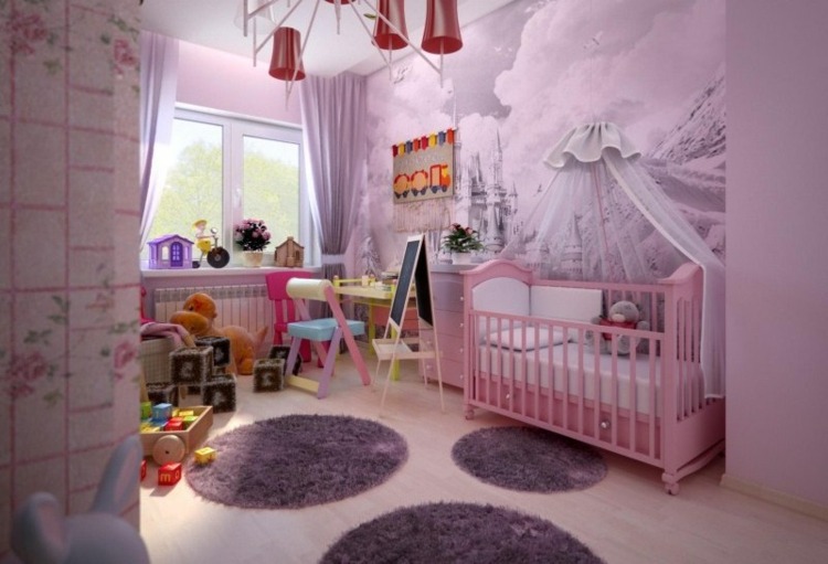 wandgestaltung babyzimmer fototapete schloss rosa einrichtung himmelbett