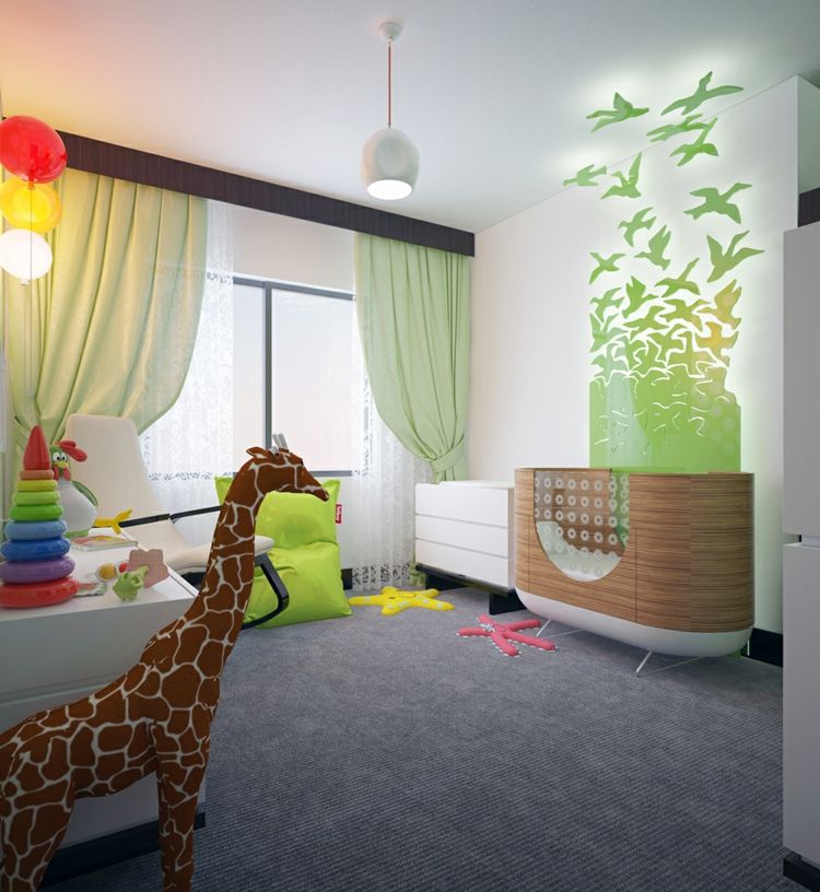 wandgestaltung babyzimmer idee beleuchtung wandpaneele 3d voegel gruen