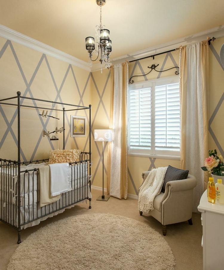 wandgestaltung babyzimmer karomuster elegant grau gelb deckenlampe
