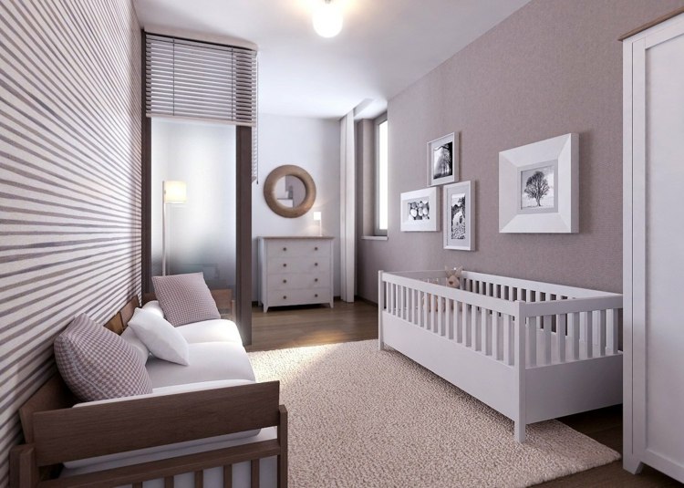 wandgestaltung babyzimmer streifen muster warme farben jalousie sofa
