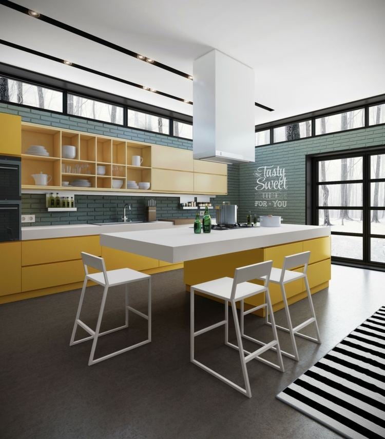 welche farbe für küche gelb minimalistisch basstuehle weiss akzente