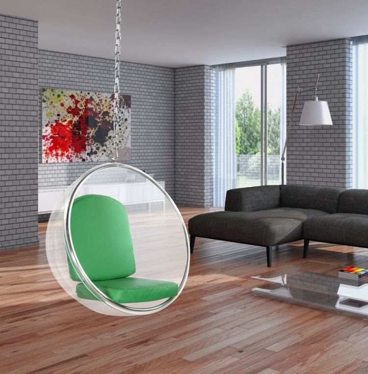 wohnzimmer-grau-eckcouch-haengesessel-backsteinwand-bild-abstraktkunst-couchtisch-glas-laminatboden