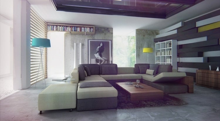 Wohnzimmer in Grau -eckcouch-modern-wohnlandschaft-stehlampe-gelb-tuerkis-akzente-regale