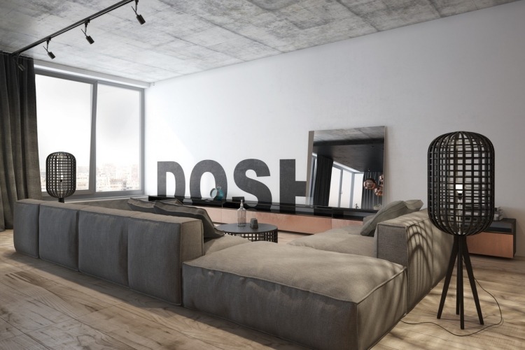 Wohnzimmer in Grau -eckcouch-modular-sofa-gross-industrail-design-industrielampen-holzboden-sideboard