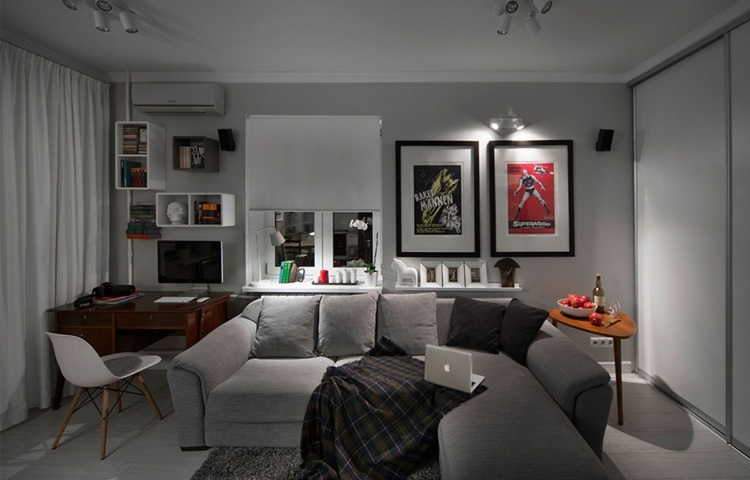 Wohnzimmer in Grau -eckcouch-posters-modern-jugndlich-schreibtisch-deko-regale
