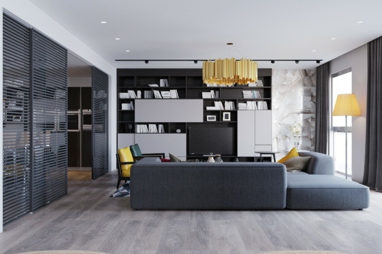 wohnzimmer in grau couch laminat schiebetuer regal wohnwand modern