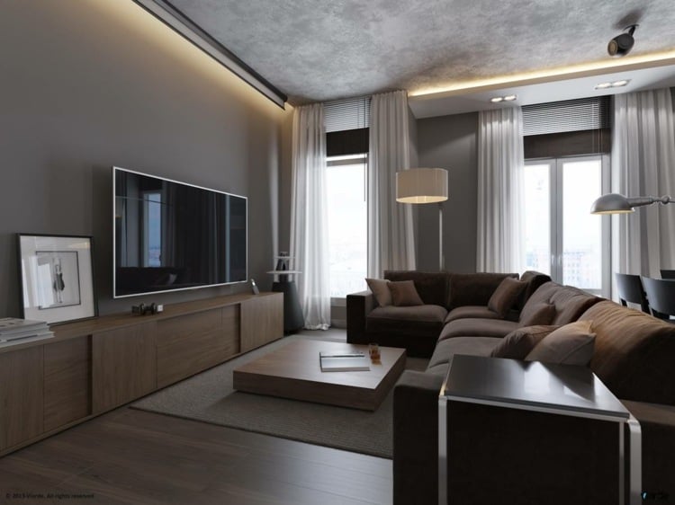 wohnzimmer in grau wohnwand holz braun sofa decke beton optik