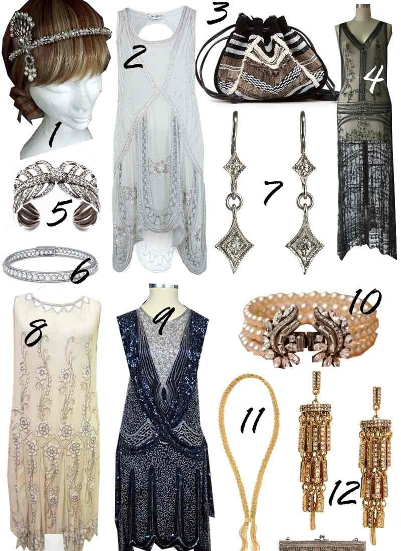 20er-Jahre-Mode-Kopfschmuck-Haenger-Kleid-weiss-schwarz-Schmuck-Haarband