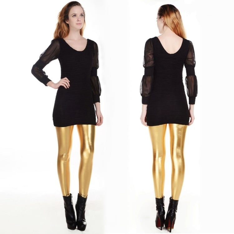 80er-jahre-mode-leggings-gold-schwarz-highheels-kleid-figurbetont