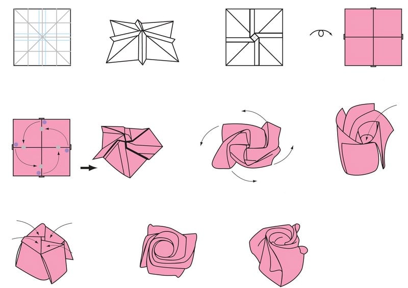Basteln-Kindern-Origami-Rose-falten-Anleitung-einfach