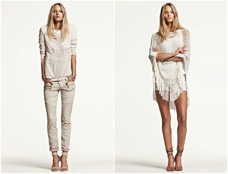 Boho Chic Mode -Weiß-oberteil-spitze-fransen-strick-jeans-simple
