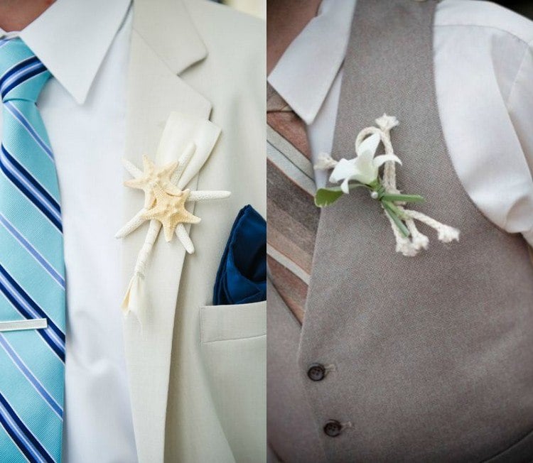 Heiraten-Strand-Seesterne-Krawatte-Streifen-Blumen-Boutonniere
