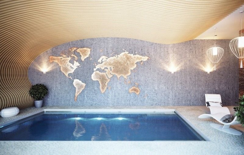 Indoor-Pool-Privathaus-Deckengestaltung-Ideen-Weltkarte-Bodenfliesen-wasserfest