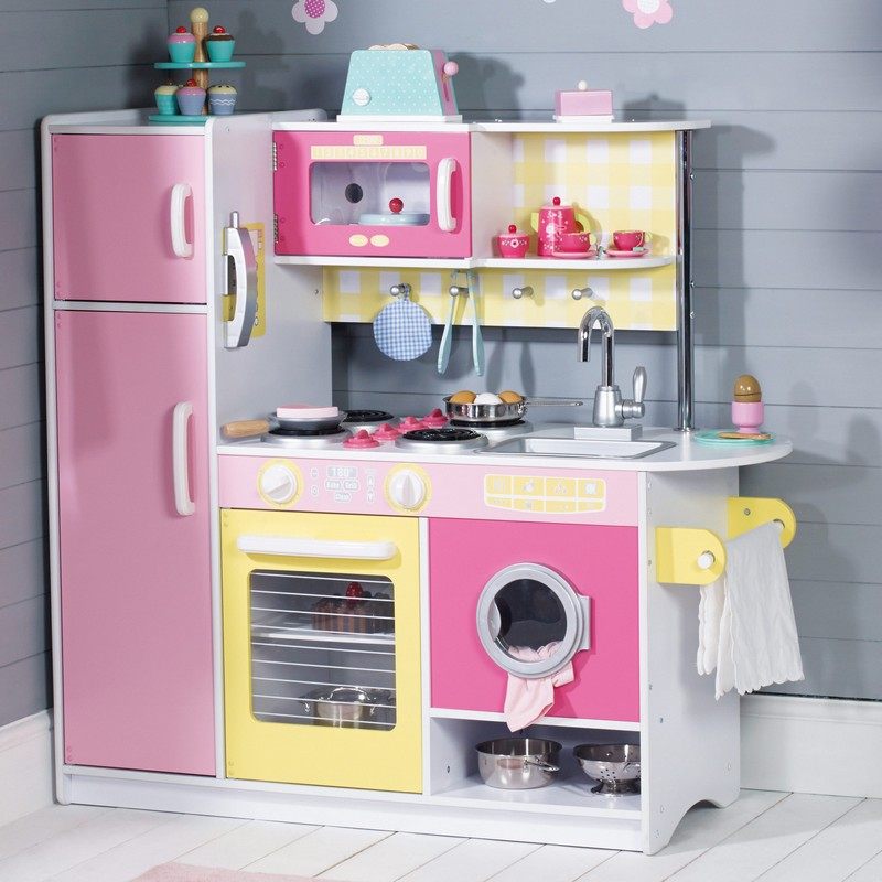 Kinderkueche-Holz-rosa-Farbe-Backofen-Mikrowelle-Waschmaschine-suess