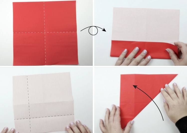 Origami Weihnachtsmann mit den Kindern falten Anleitung Papier 20X20 Schritt fvon 1 bis 4