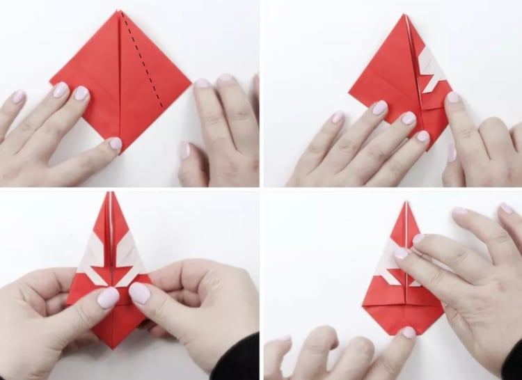 Origami falten Weihnachten aus Papier Anleitung Weihnachtsmann Schritt von 16 bis 20