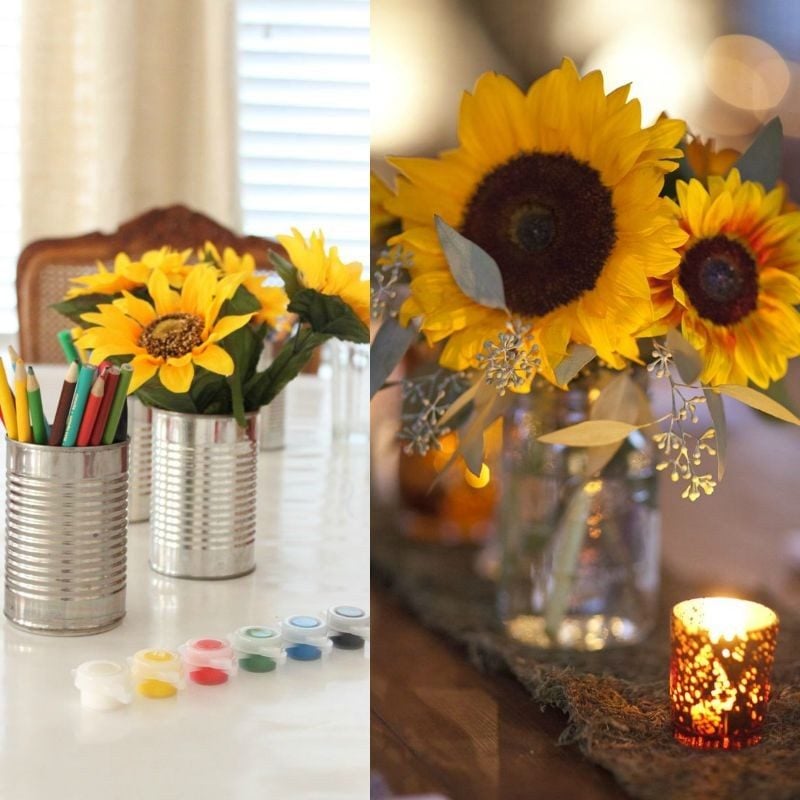 Sonnenblumen-Deko-Windlichter-Blechdose-Vase-Tisch