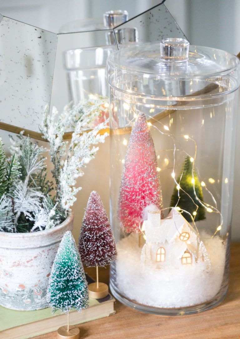 Weihnachtsdeko im Glas basteln Winterlandschatft mit Lichterkette