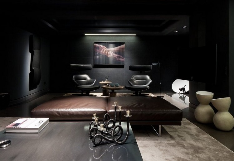Wohnzimmer-Grau-Farbe-LED-Beleuchtung-dunkelbraun-Ledersofa